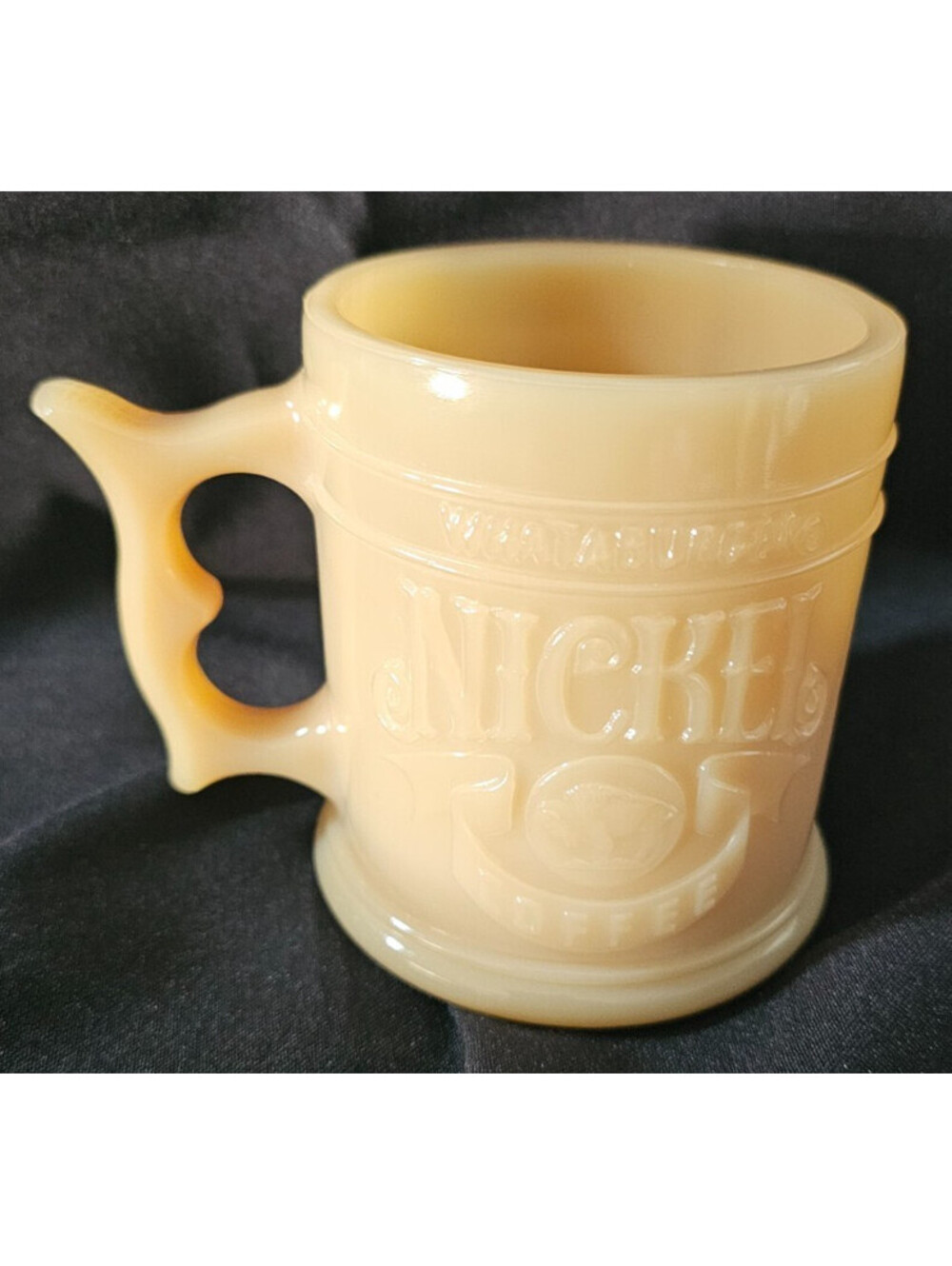 Vintage Whataburger Indian Head Nickel Coffee Butterscotch Amber Milk Glass Mug